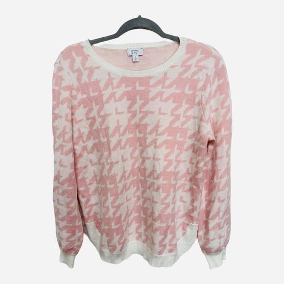 Crown & Ivy Baby Pink Houndstooth Crew Neck Sweater Size Small Preppy Acadamia - Picture 1 of 6